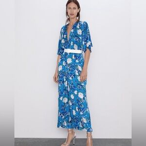 Zara Blue Floral Rose Printed Wide Leg Jumpsuit with Belt